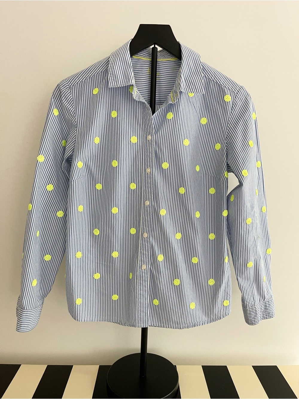 Boden Blue Stripe Button-Down Shirt with Neon Yellow Accents